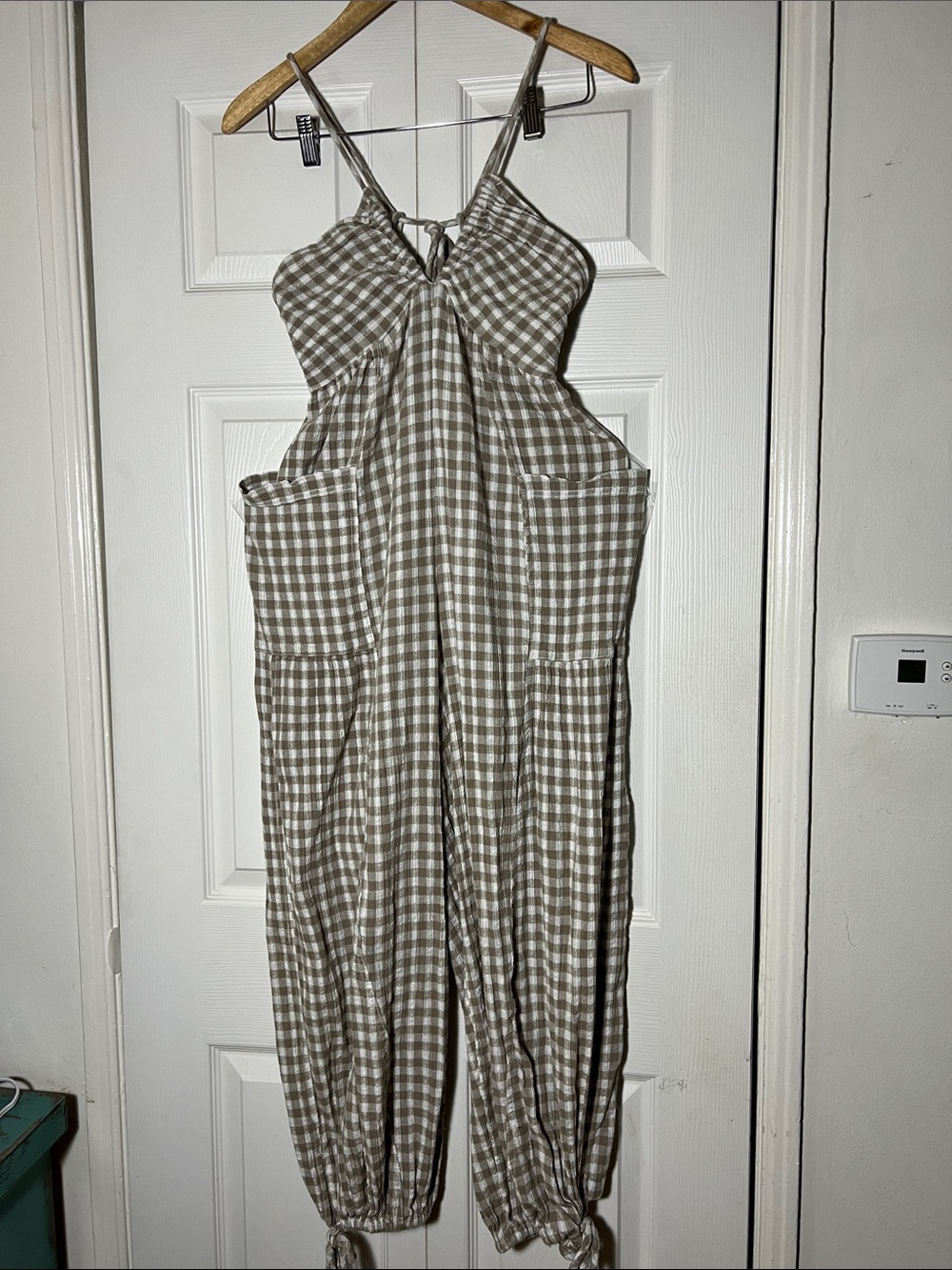 Free People Sundaze For Surfing Jumpsuit Vintage Khaki Gingham Plaid - Picture 3 of 8
